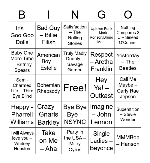 Today's Top Pop Bingo 1 Bingo Card