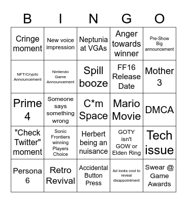 Game Awards Bingo Card