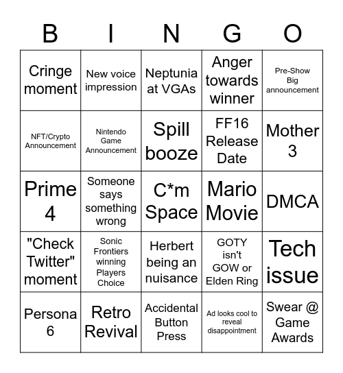 Game Awards Bingo Card