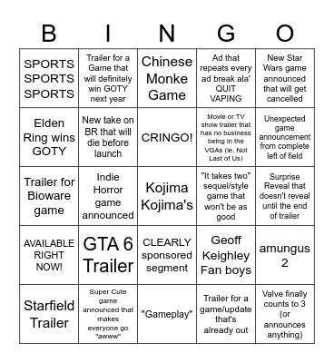 The Game Awards Bingo Card