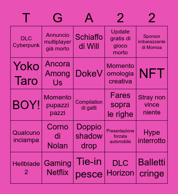 TGA 2022 Bingo Card