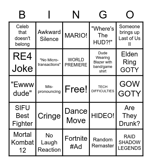 Game Awards Bingo Card