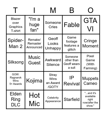 The Game Awards 2022 Bingo Card