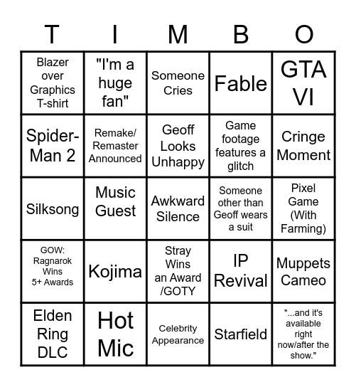 The Game Awards 2022 Bingo Card