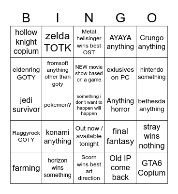 game awards bingo 2022 Bingo Card