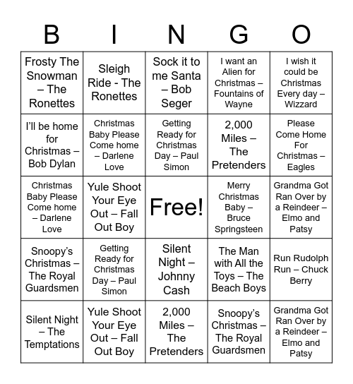 Christmas Rock Bingo 3 Bingo Card