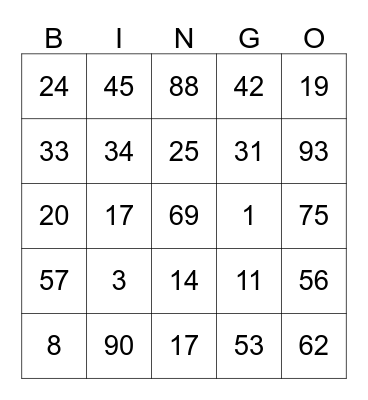 NUMBERS  BINGO Card