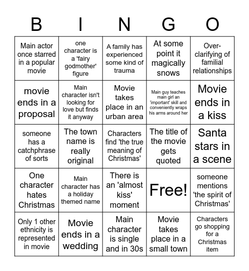 Hallmark Holiday Movie Bingo Card