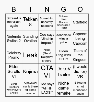 DeeBeeCon x Game Awards 2022 Bingo Card