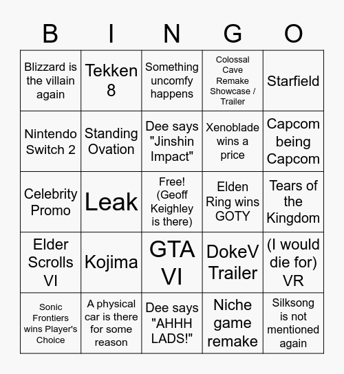 DeeBeeCon x Game Awards 2022 Bingo Card