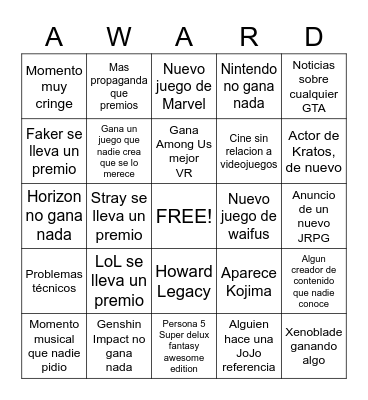 Game Awards: Me quiero morir Bingo Card