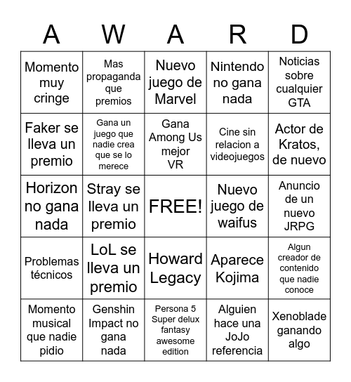 Game Awards: Me quiero morir Bingo Card