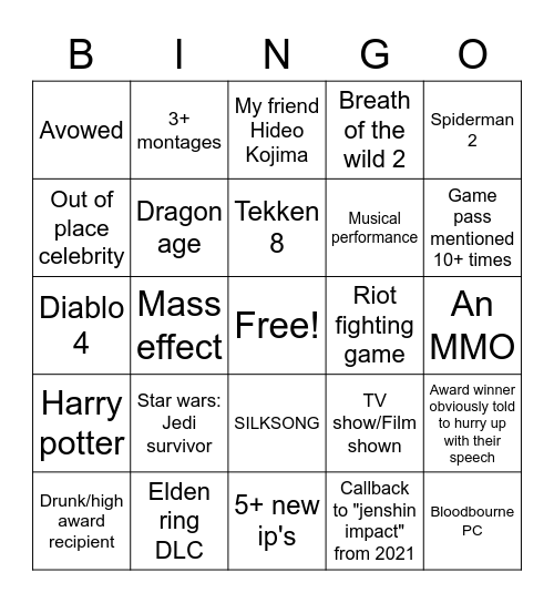 TGA 2022 Bingo Card