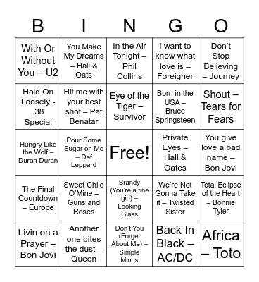 80s Rock Bingo Card