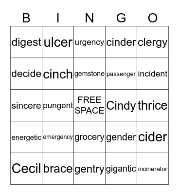 Soft C & G Bingo Card