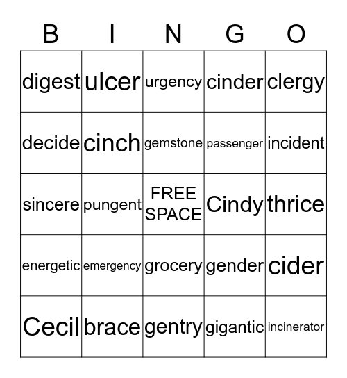 Soft C & G Bingo Card