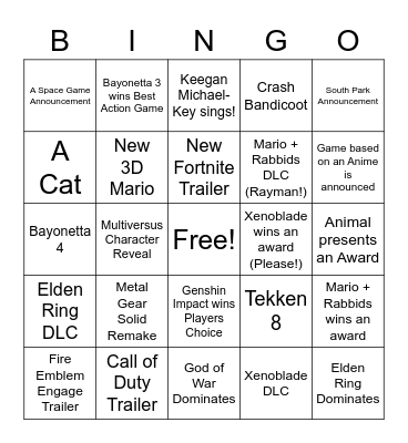 Game Awards 2022 Bingo Card