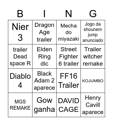 Game awards 2022 Bingo Card