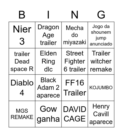 Game awards 2022 Bingo Card