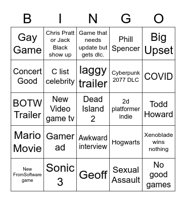 Game Awards 2022 Bingo Card