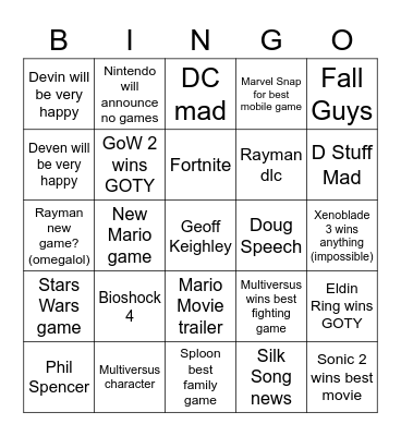 Game Award Bingo Card