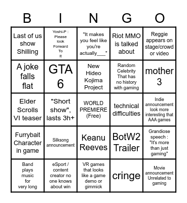 Game Awards 2022 bingo card Bingo Card
