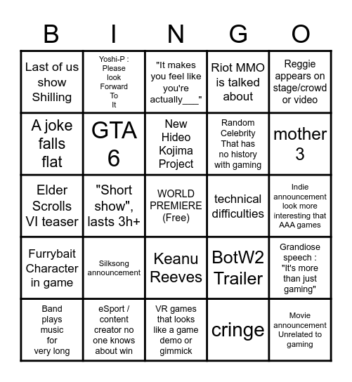 Game Awards 2022 bingo card Bingo Card