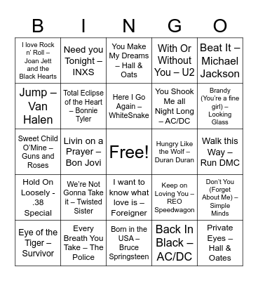 80s Rock Bingo Card