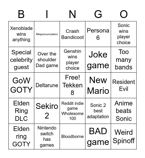 Game Awards 2022 Bingo Card