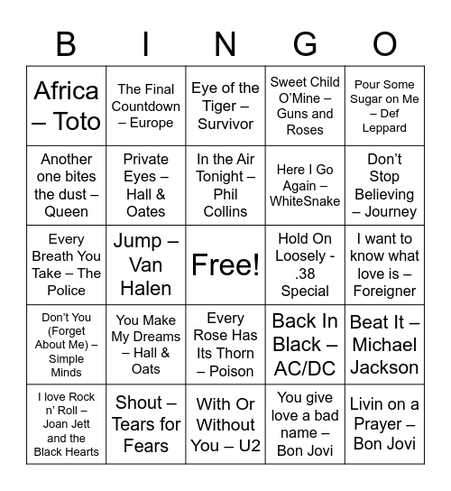 80s Rock Bingo Card