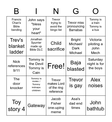 Trevor's Bible study Bingo Card