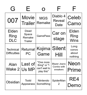 Geoff's Fun Ride Bingo Card