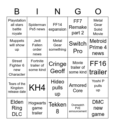 Game awards Bingo Card