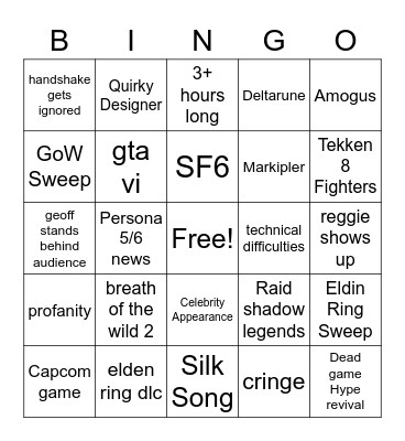 Game Awards bingo card Bingo Card