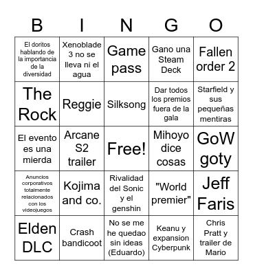 Game Awards Bingo Card