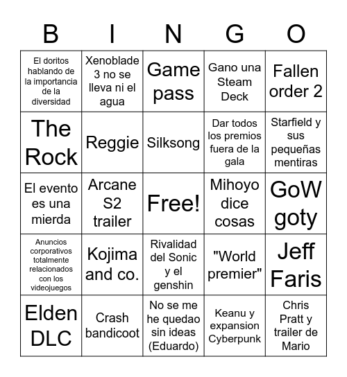 Game Awards Bingo Card