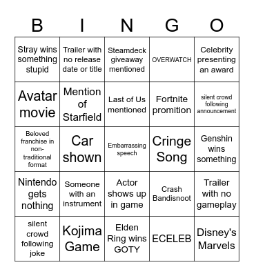 TGA 2022 Bingo Card