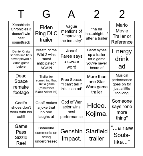 The Game Awards Bingo Card