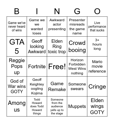 Game awards Bingo Card