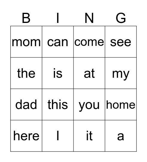 Sight Word Bingo Card