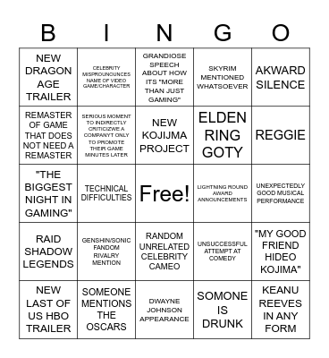 Game Awards 2022 Bingo Card