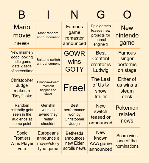 Game Awards Bingo Card