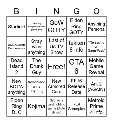 Game Awards Bingo Card