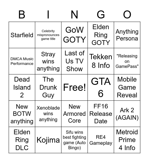 Game Awards Bingo Card