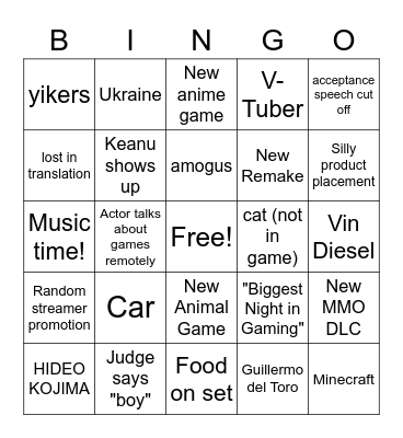 Game Awards 2022 Bingo Card