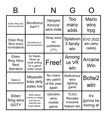 Game Award Bingo Card
