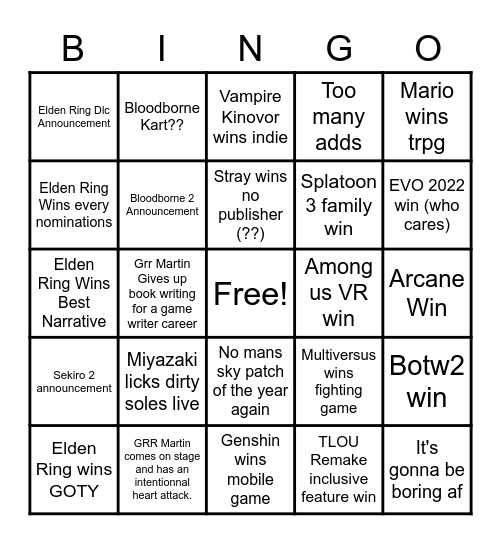 Game Award Bingo Card