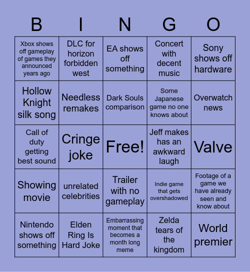 Game Awards Bingo Card