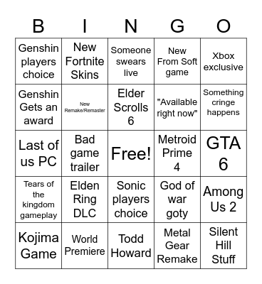 Game awards 2022 Bingo Card