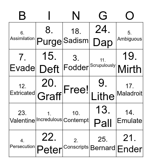 Ender's Game 1 Bingo Card